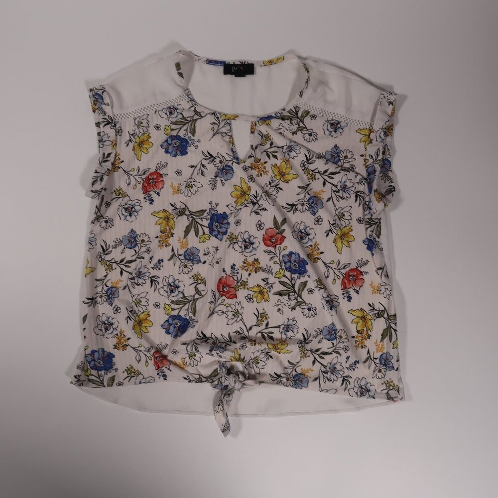 BCX Floral Keyhole Tie Front Blouse White Blue Yellow Top Size L (approx)